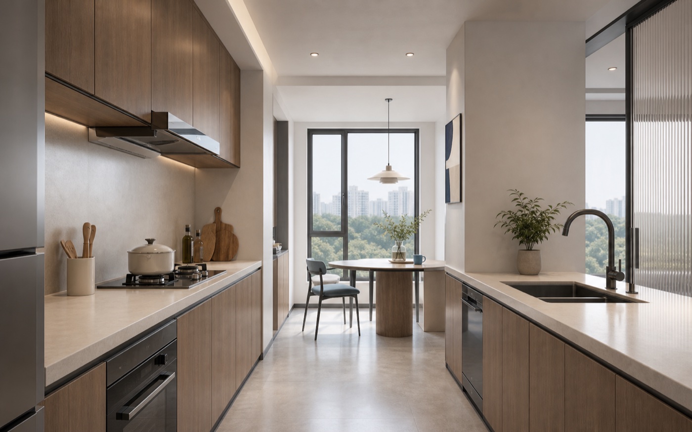双排木柜厨房通向圆桌早餐区